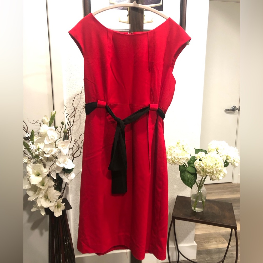 CALVIN KLEIN Red Cap-Sleeve Dress with Black Waist Sash Lined